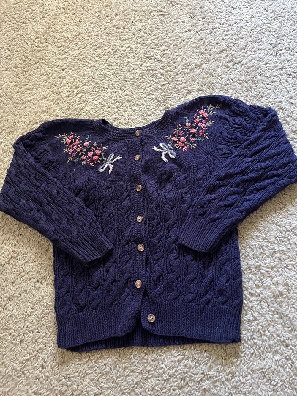 Navy Blue Cable Knit Cardigan with Floral Embroidery